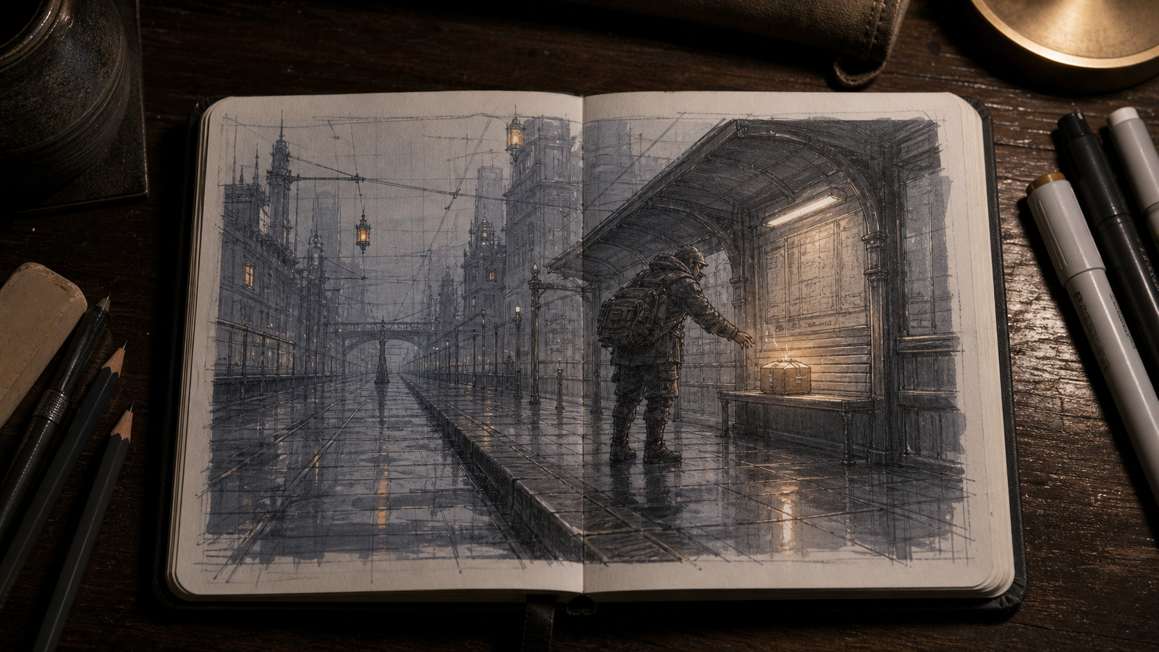 An open sketchbook on an artist desk showing a graphite and gray-marker drawing of a rainy tram shelter, courier, and glowing parcel.
