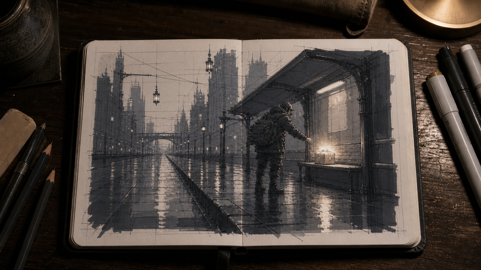 An open sketchbook with a limited-value graphite and gray-marker study of a rainy tram shelter and glowing parcel.