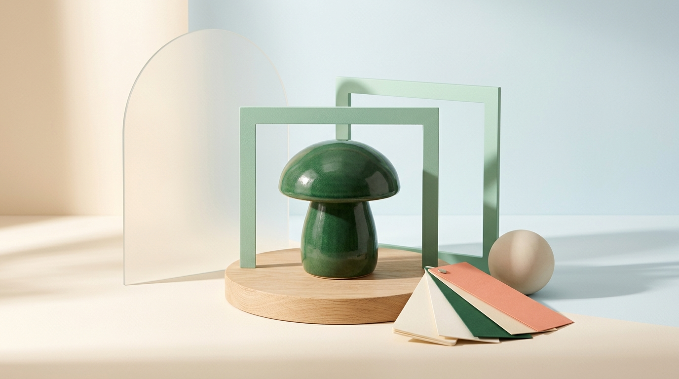 An emerald ceramic mushroom lamp framed by minimalist mint cutout frames, a frosted glass diffuser, and blank color swatches on a pale oak platform.