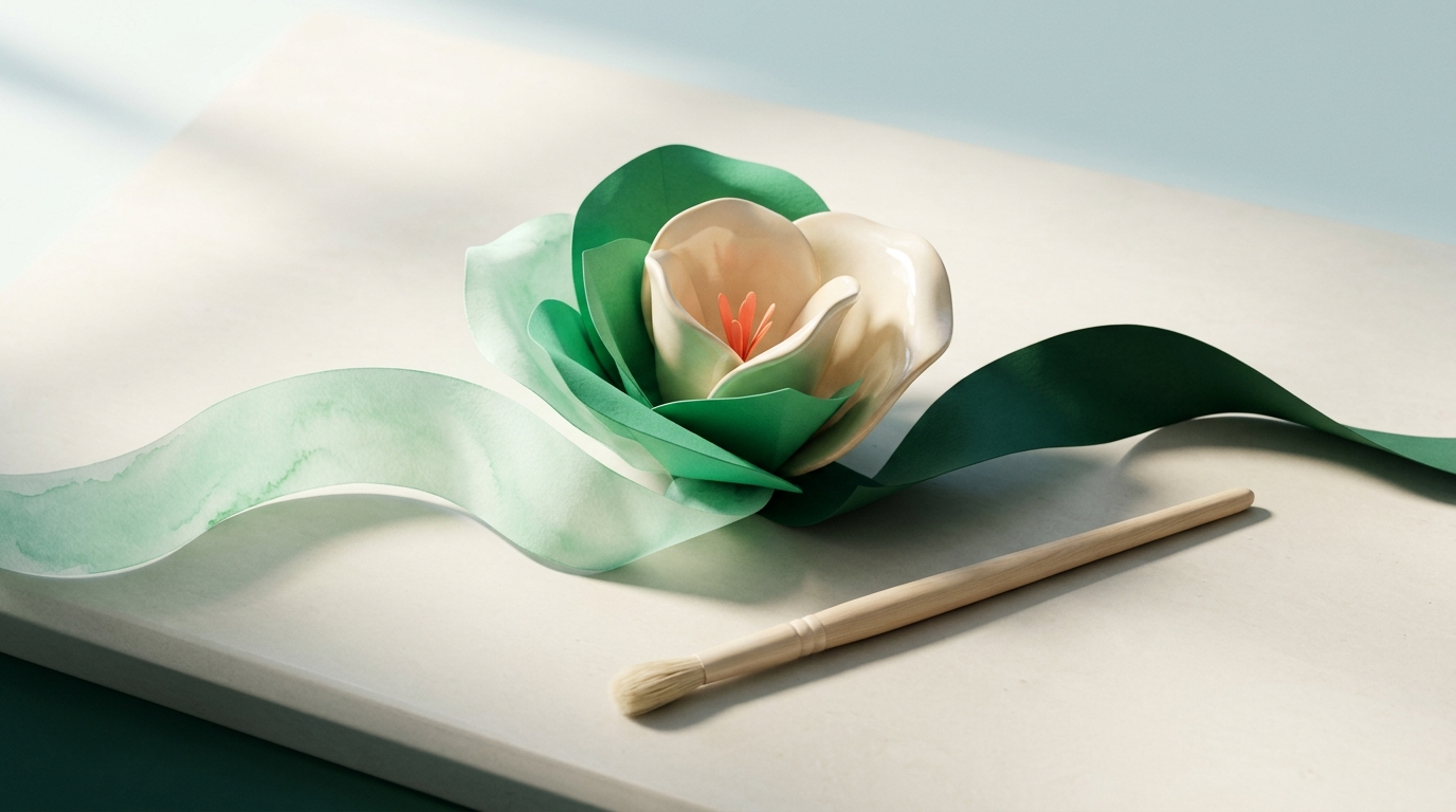 A stylized flower ribbon crafted from translucent mint watercolor, folded emerald paper, and glazed ivory ceramic resting on a pale stone surface beside a clean paintbrush.