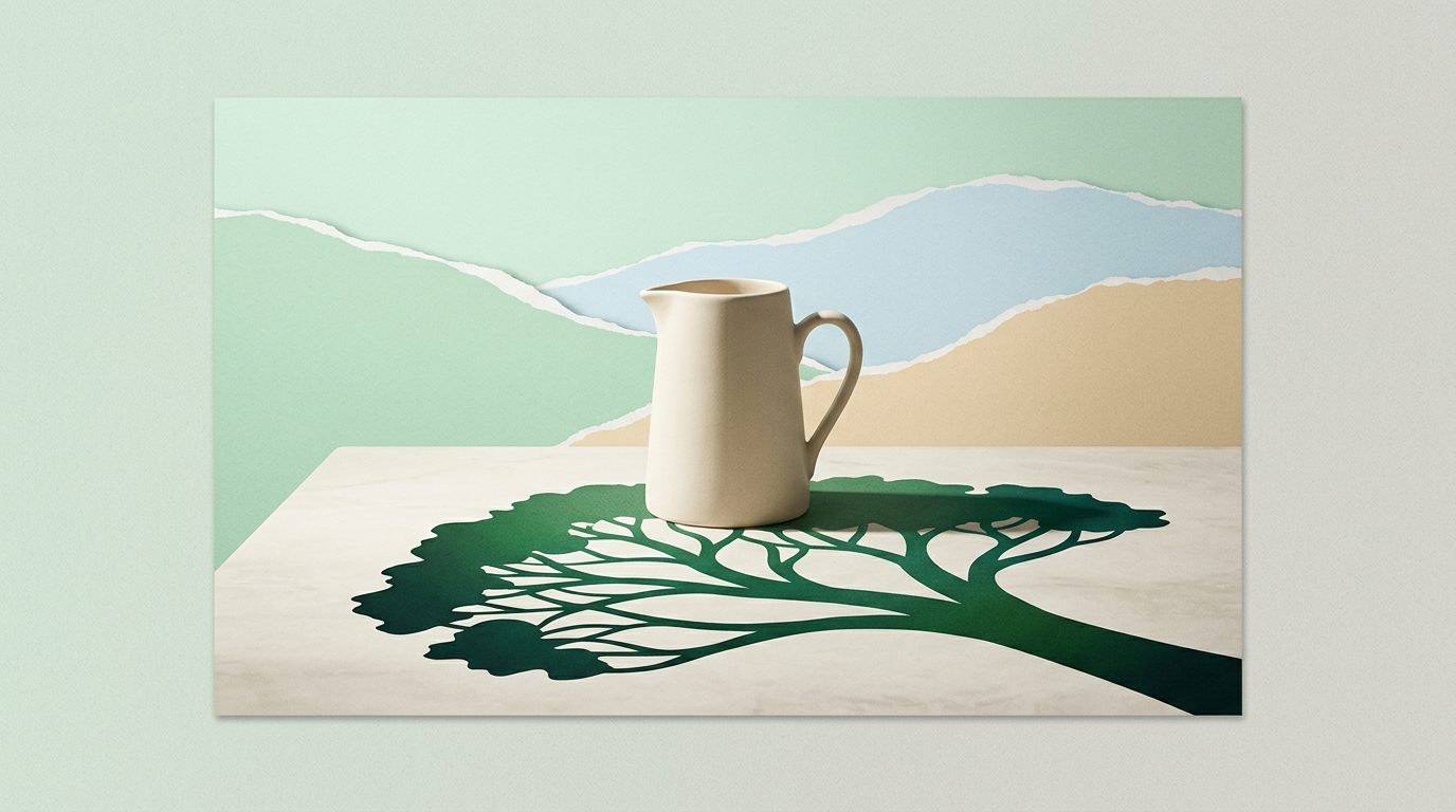 An ivory ceramic pitcher casting an impossible tree-shaped emerald shadow against a backdrop of layered paper hills.