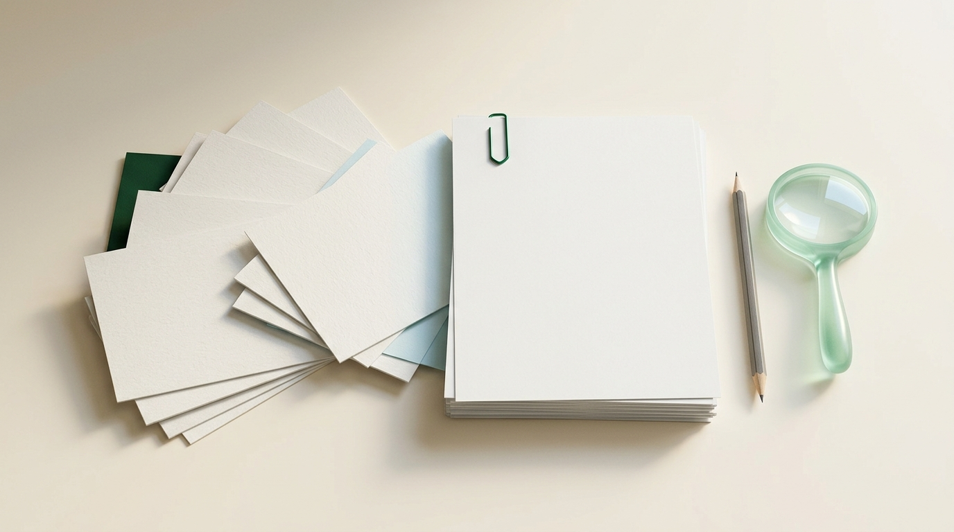 Blank paper cards transitioning into an organized stack secured with an emerald clip, beside a pencil and a mint-green magnifying glass on an ivory surface.