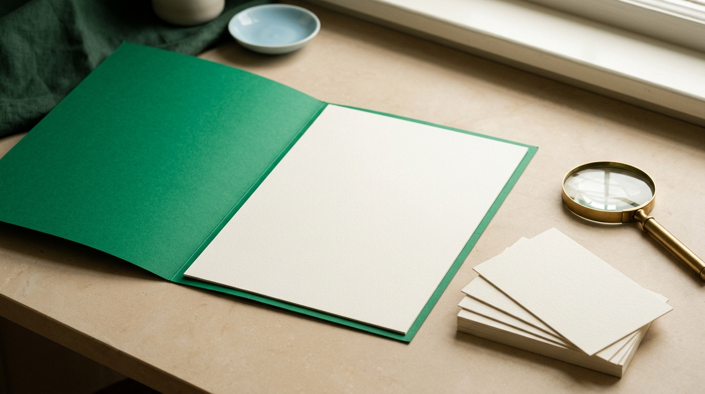 An open emerald folder, blank ivory sheets, neatly stacked blank cards, and a magnifying glass arranged on a softly lit stone surface.