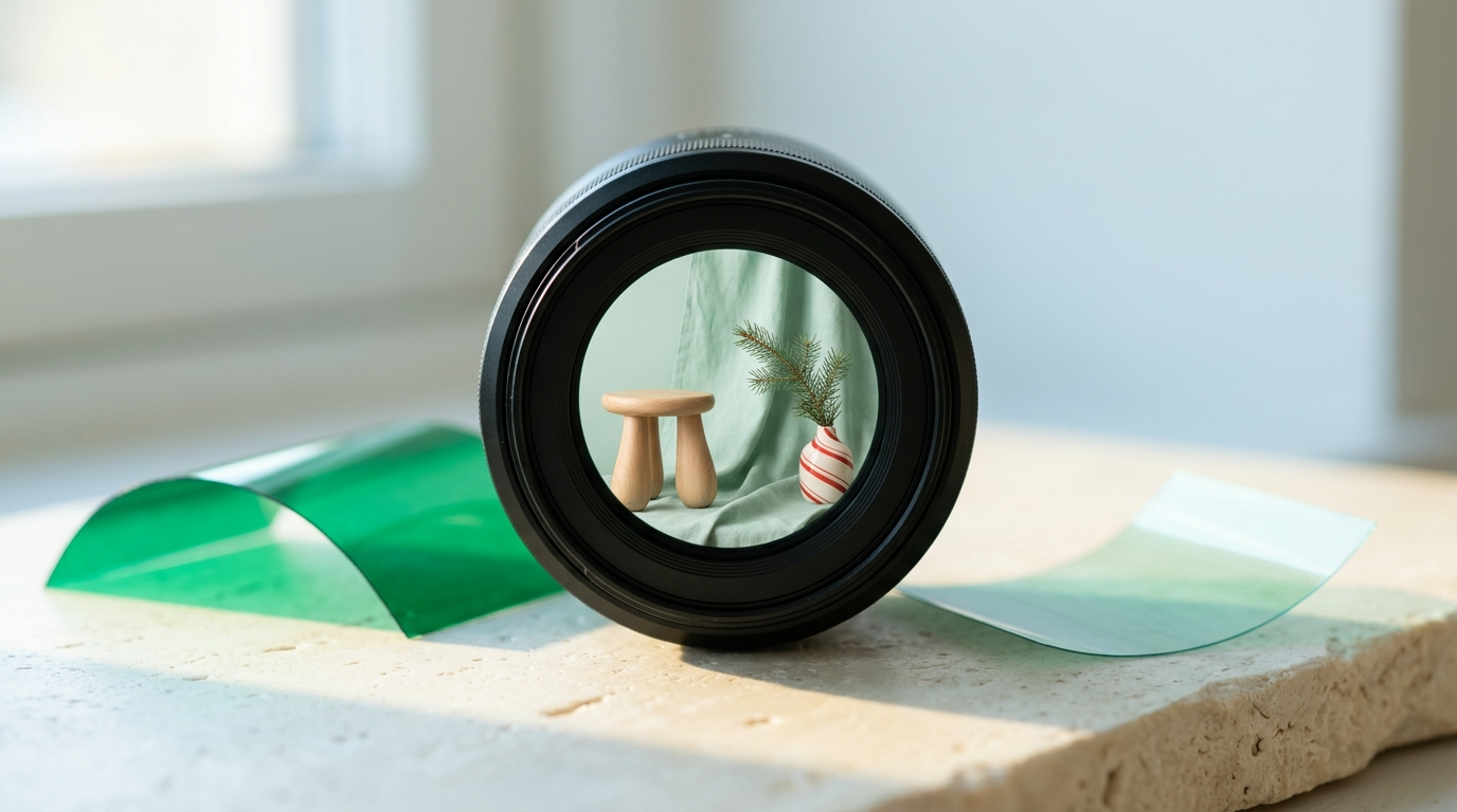 An unmarked camera lens on an ivory table framing a miniature photo studio with a mint linen backdrop, pine sprig, and striped prop.