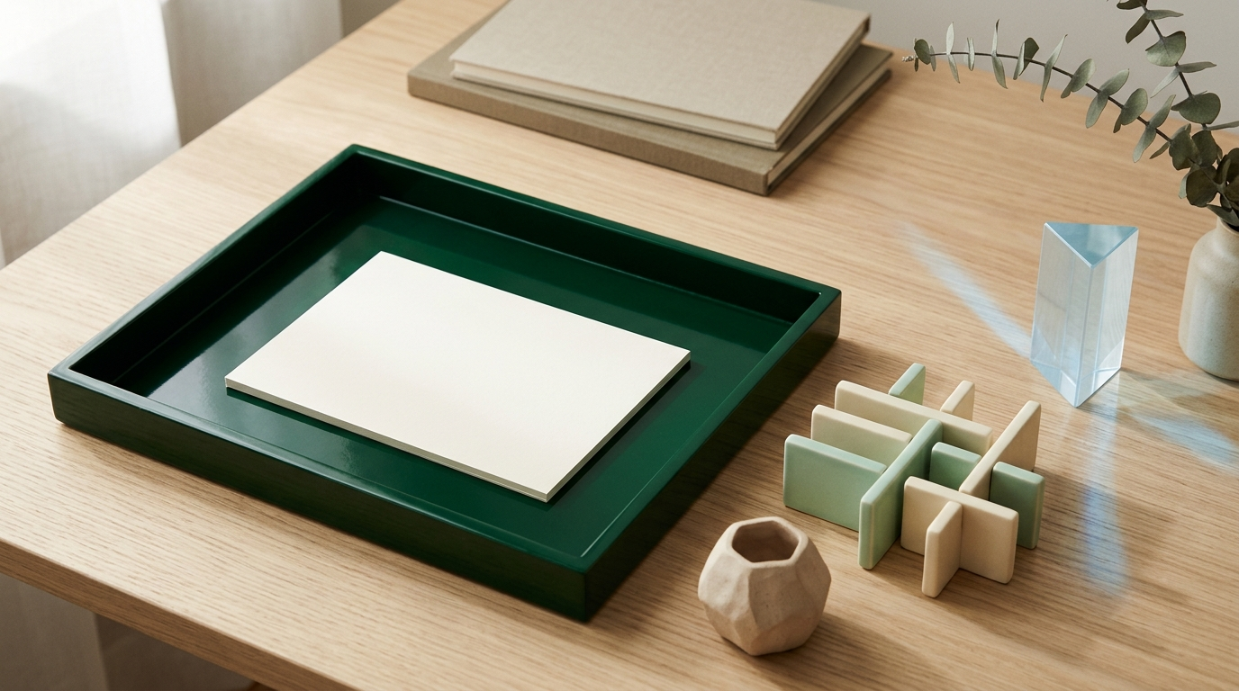 An emerald drafting tray holding a blank ivory card next to modular mint ceramic tiles and a pale clay shape on a light oak table.