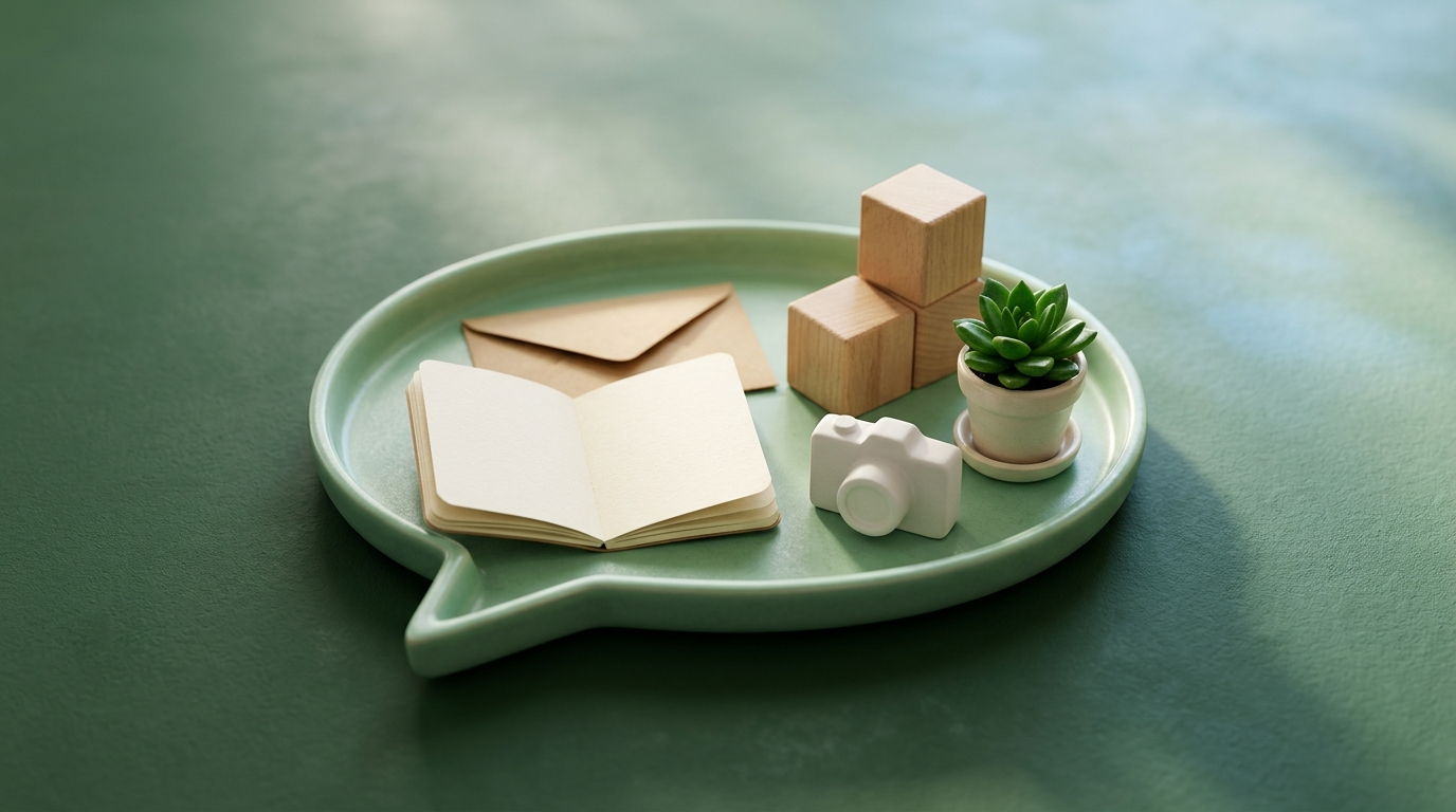 A mint-green speech-bubble ceramic tray holding a blank ivory notebook, folded paper envelope, wooden steps, miniature camera, and a small succulent on a deep green tabletop.
