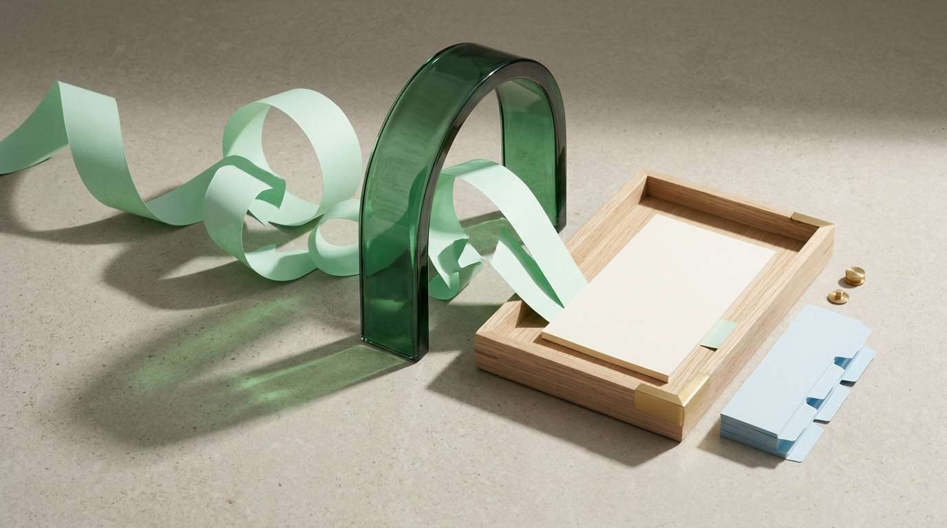 Loose mint paper ribbons weaving through a translucent emerald glass frame into a single blank cream card resting in an oak tray.