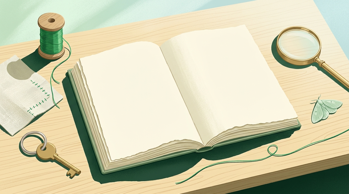 An editorial still life featuring an open blank notebook, an emerald spool of thread, a mended linen patch, and a brass key on a sunlit wooden desk.