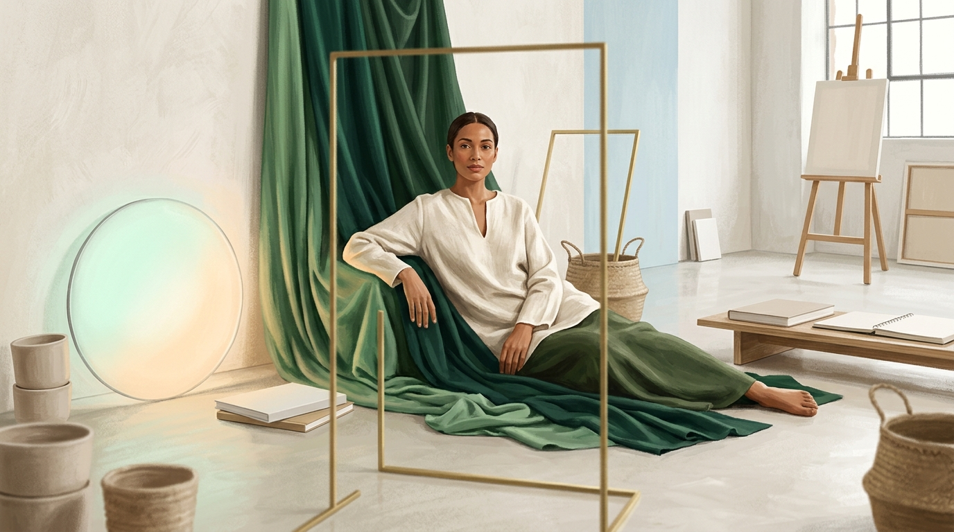 An editorial studio portrait scene with a figure in an ivory tunic flanked by draped emerald fabric, minimalist brass framing guides, and soft frosted lighting.