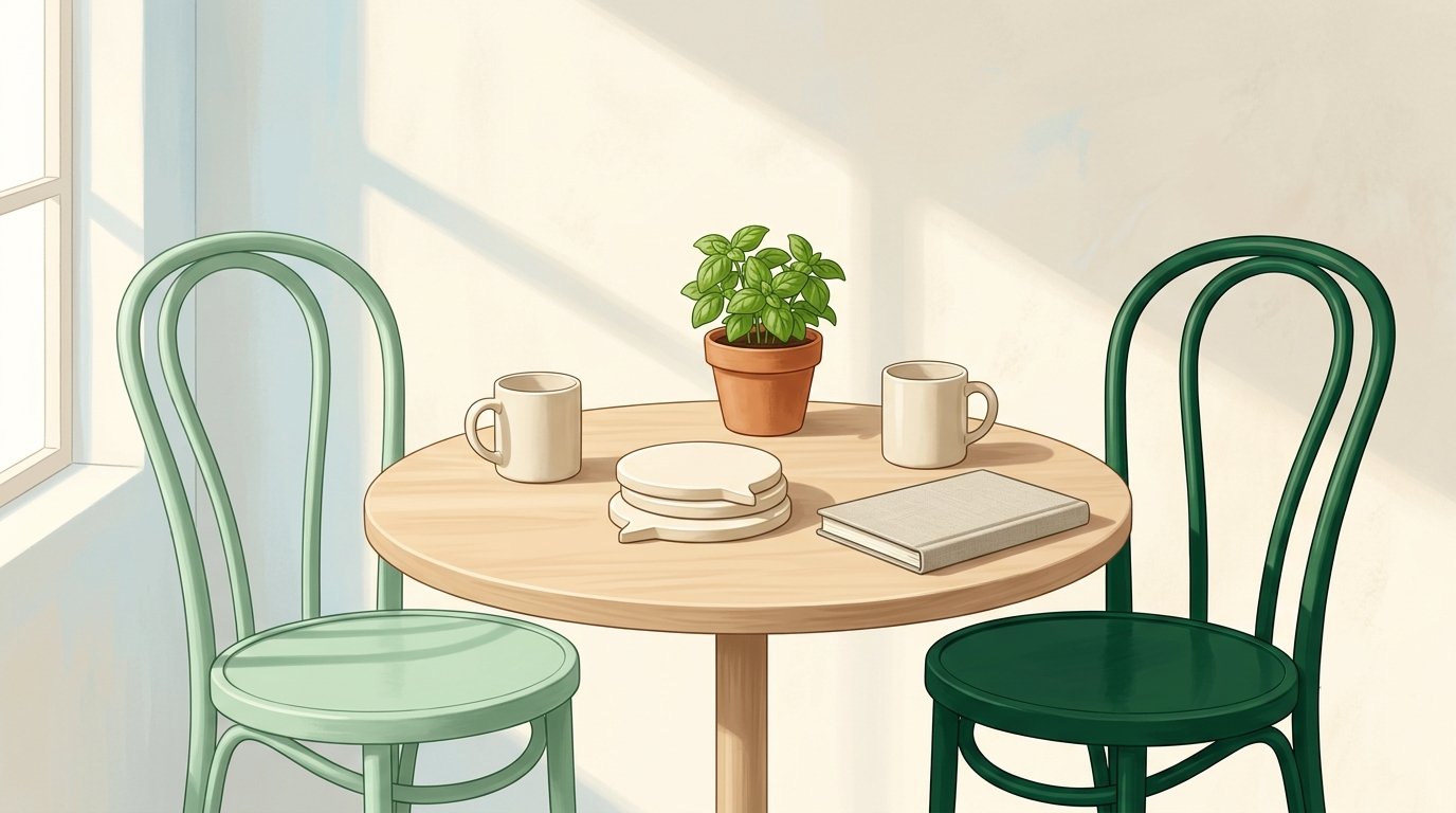 Two café chairs beside a pale wooden table set with two ceramic mugs, three blank ivory prompt tiles, and a small potted plant in soft morning light.