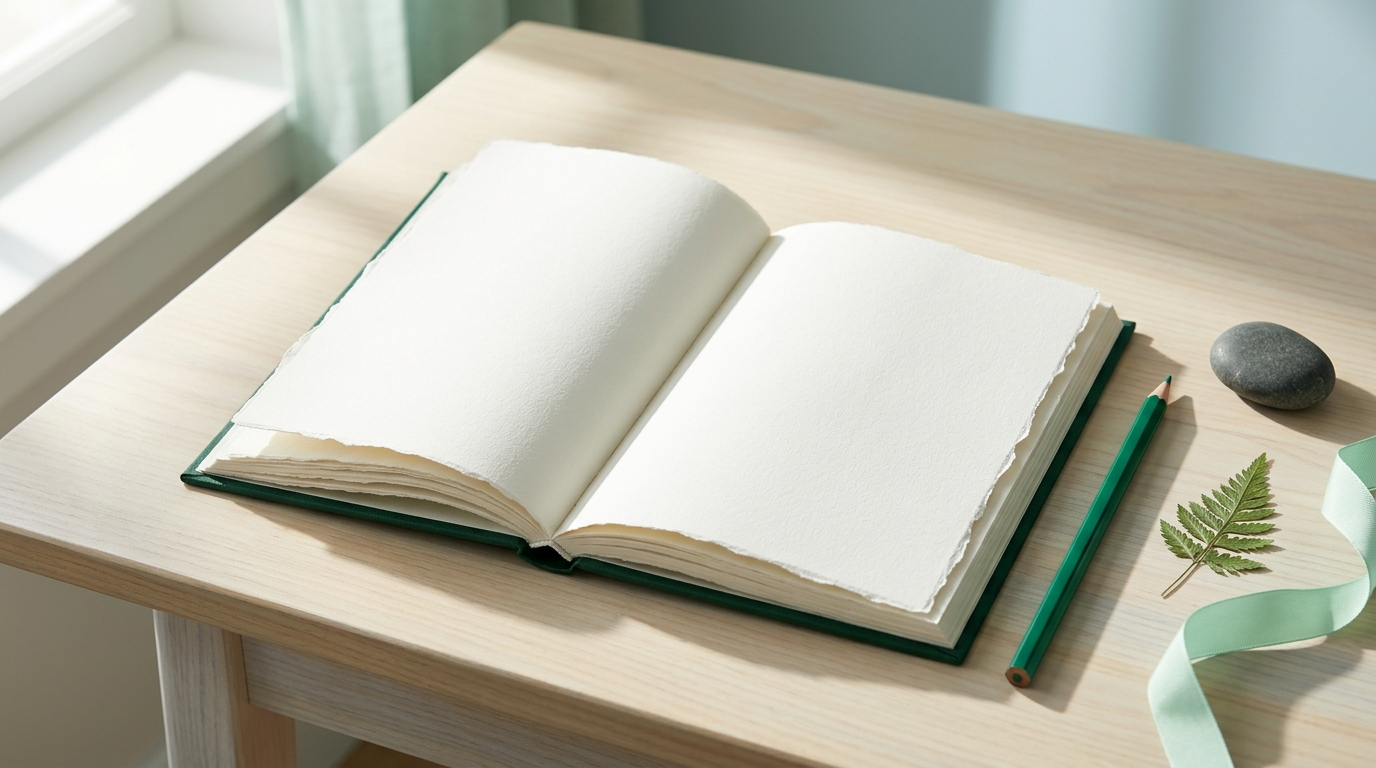 An open blank journal with cream unlined pages rests on a light wooden desk next to an emerald green pencil, a pressed leaf, and a smooth stone in gentle window light.