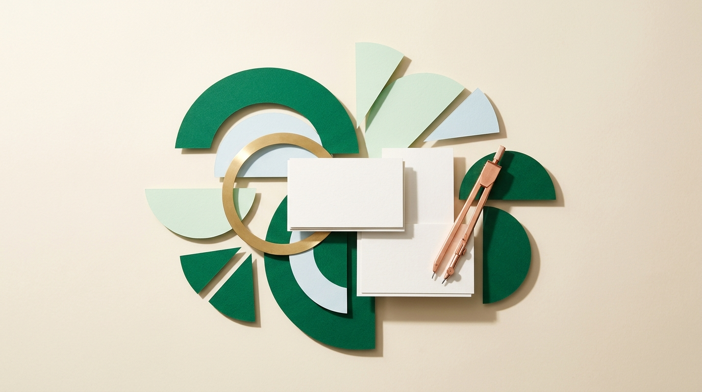 Emerald and mint geometric paper shapes arranged beside blank cards and a brass stencil on an ivory work surface.
