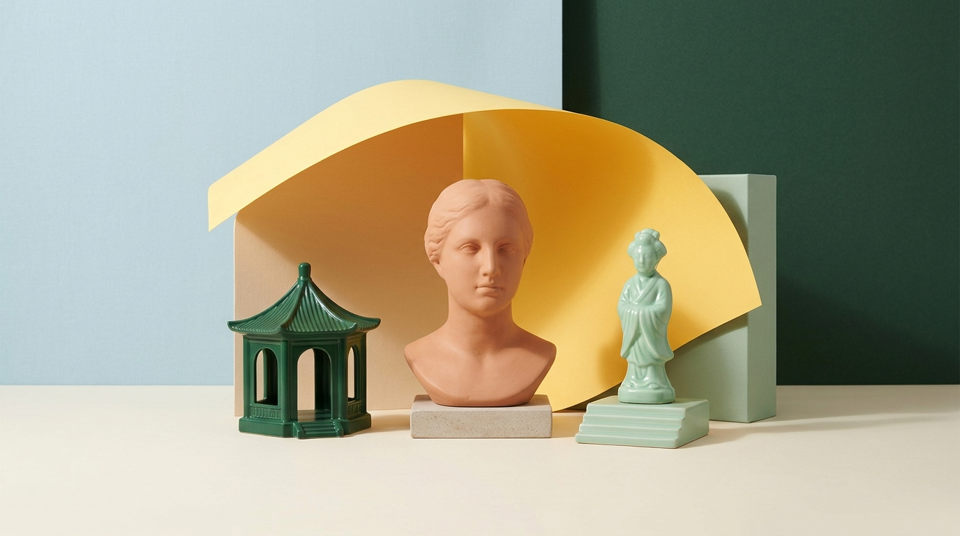 A miniature studio still life featuring a terracotta portrait bust, an emerald geometric pavilion, and a mint ceramic figurine on a warm ivory surface.