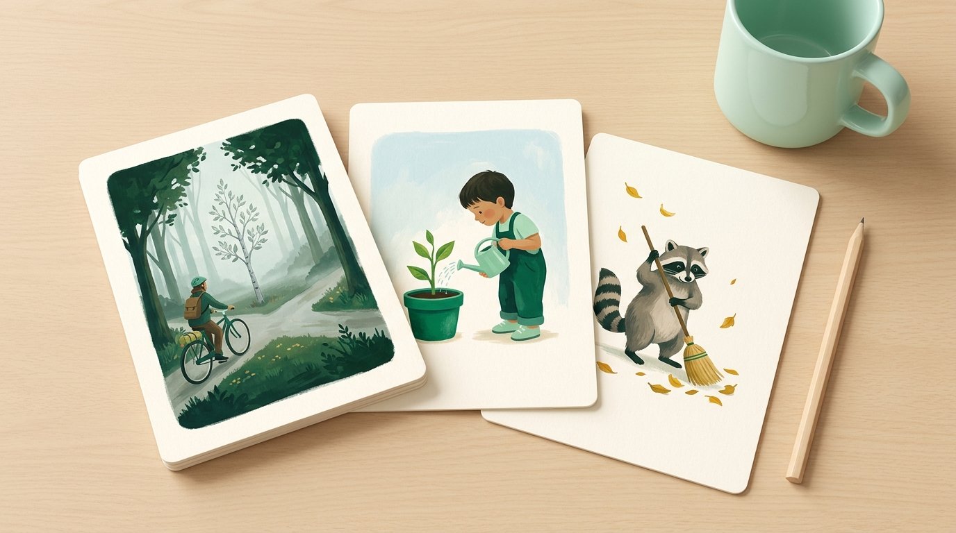 Three illustrated picture cards on a pale wooden desk depict a bicycle traveler at a crossroads, a child watering a seedling, and a raccoon gathering leaves.
