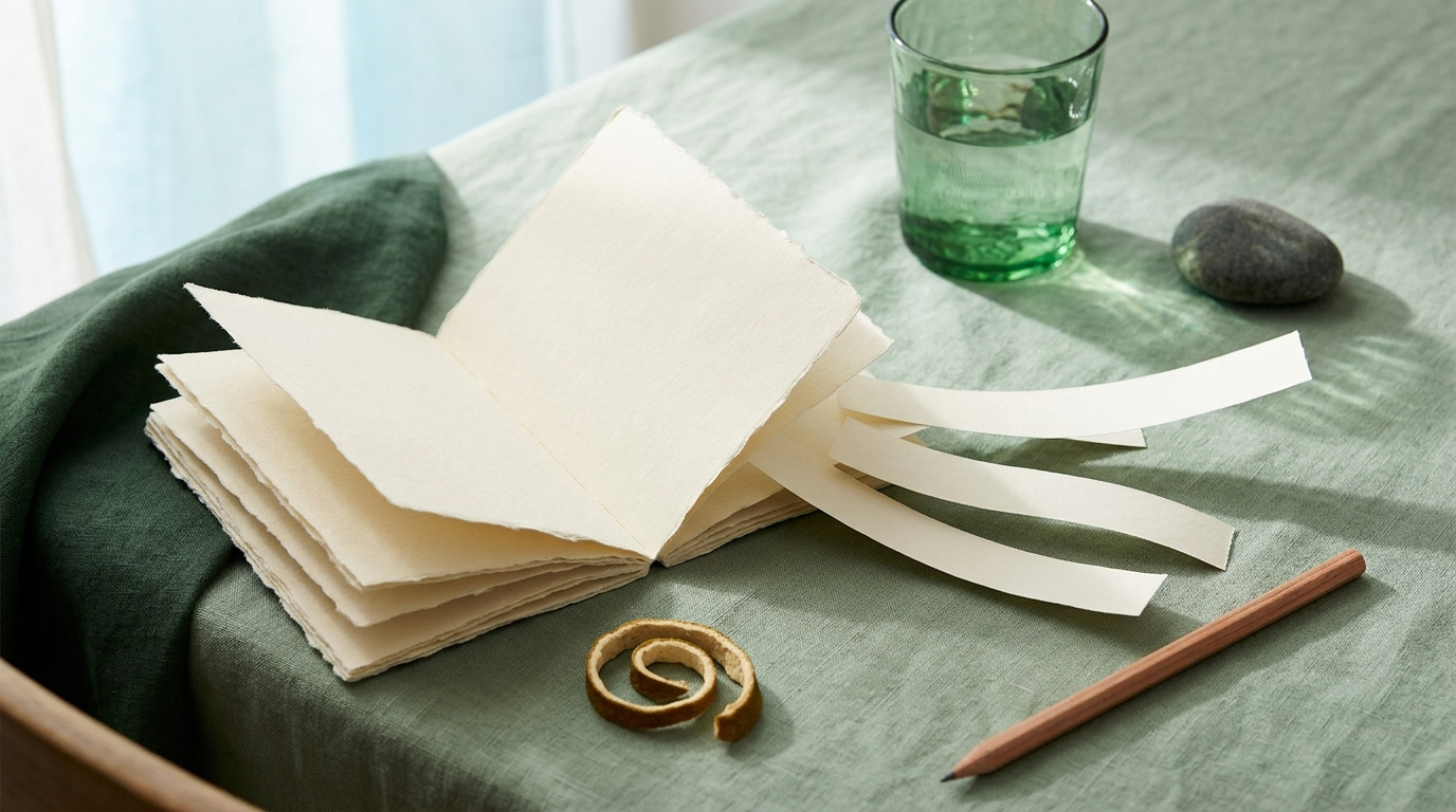 An editorial still life with an open blank accordion notebook, floating blank paper strips, an emerald glass of water, a river stone, and a pencil.