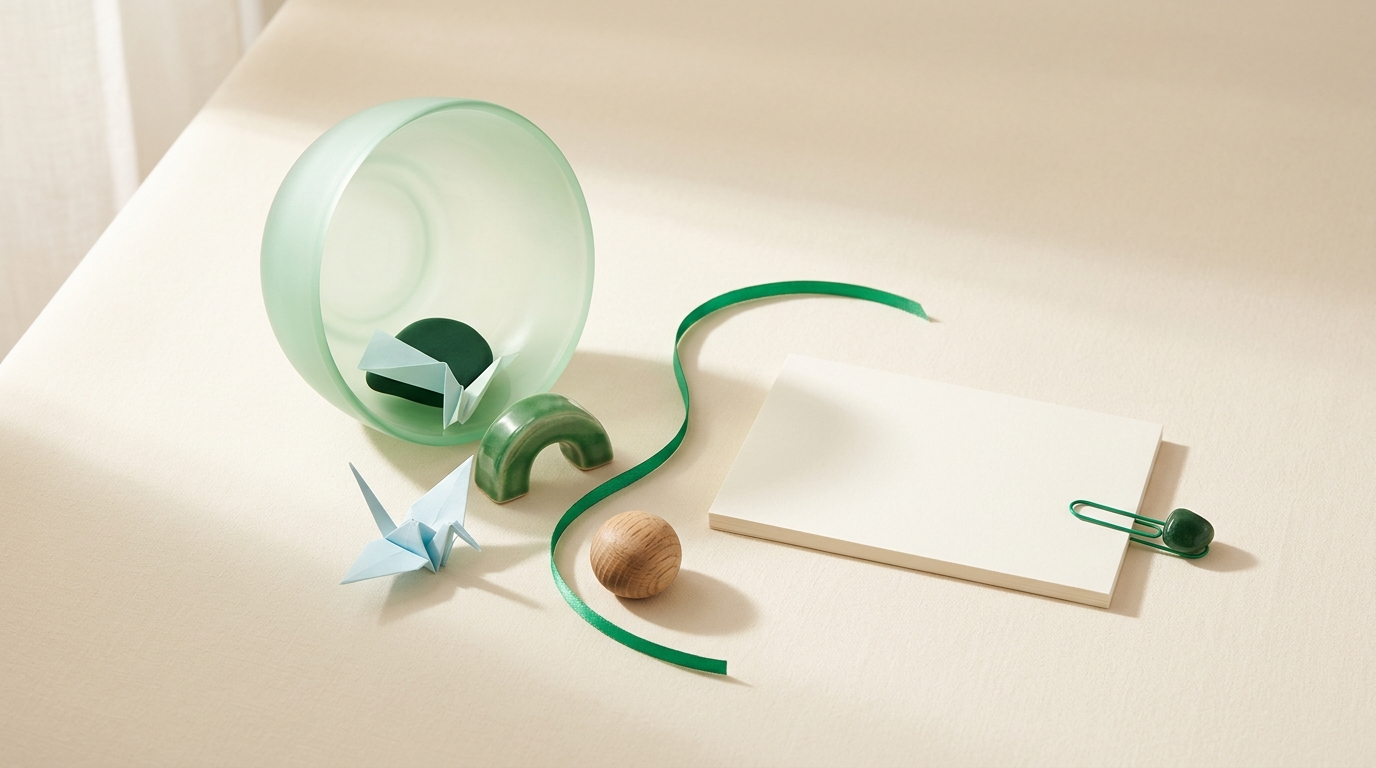 A tilted frosted mint bowl scattering miniature ceramic and origami tokens onto an ivory table next to a blank card held by an emerald clip.