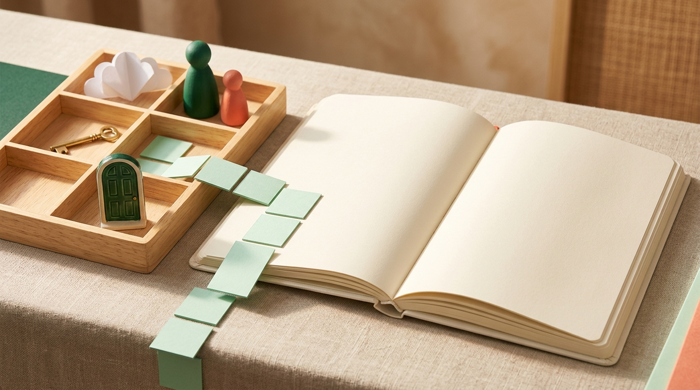 An open blank notebook rests beside a wooden tray filled with miniature story tokens and a path of blank mint cards in soft natural light.