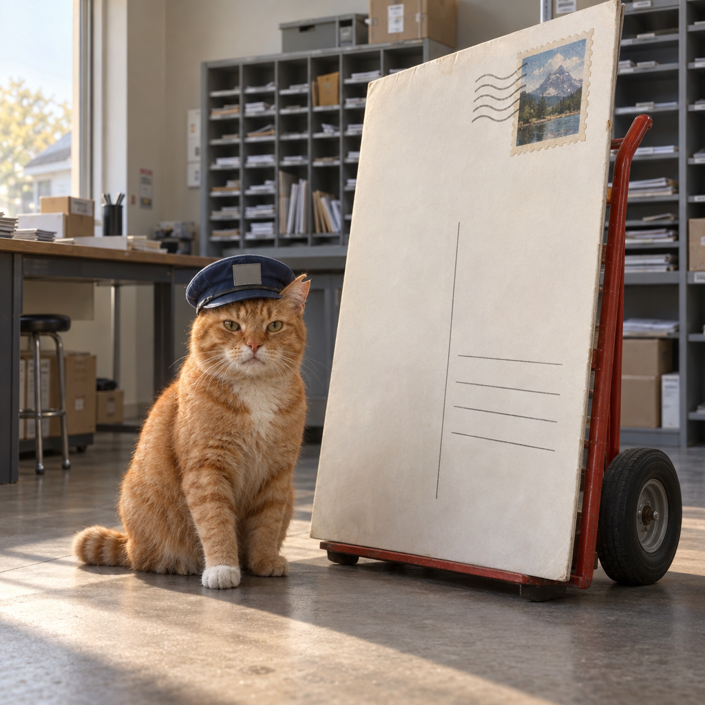 Photorealistic orange tabby cat wearing a blue postal cap sits seriously on a sunlit mailroom floor beside a dramatically oversized envelope resting on a red hand truck; mail cubbies and boxes fill the background.