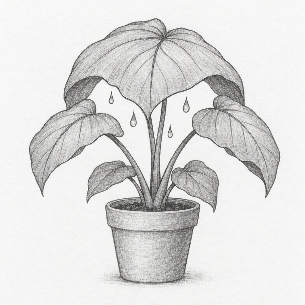 A centered pencil drawing of a potted leafy plant, with a broad umbrella-shaped leaf above smaller leaves and several droplet shapes hanging beneath it, on a plain light background.