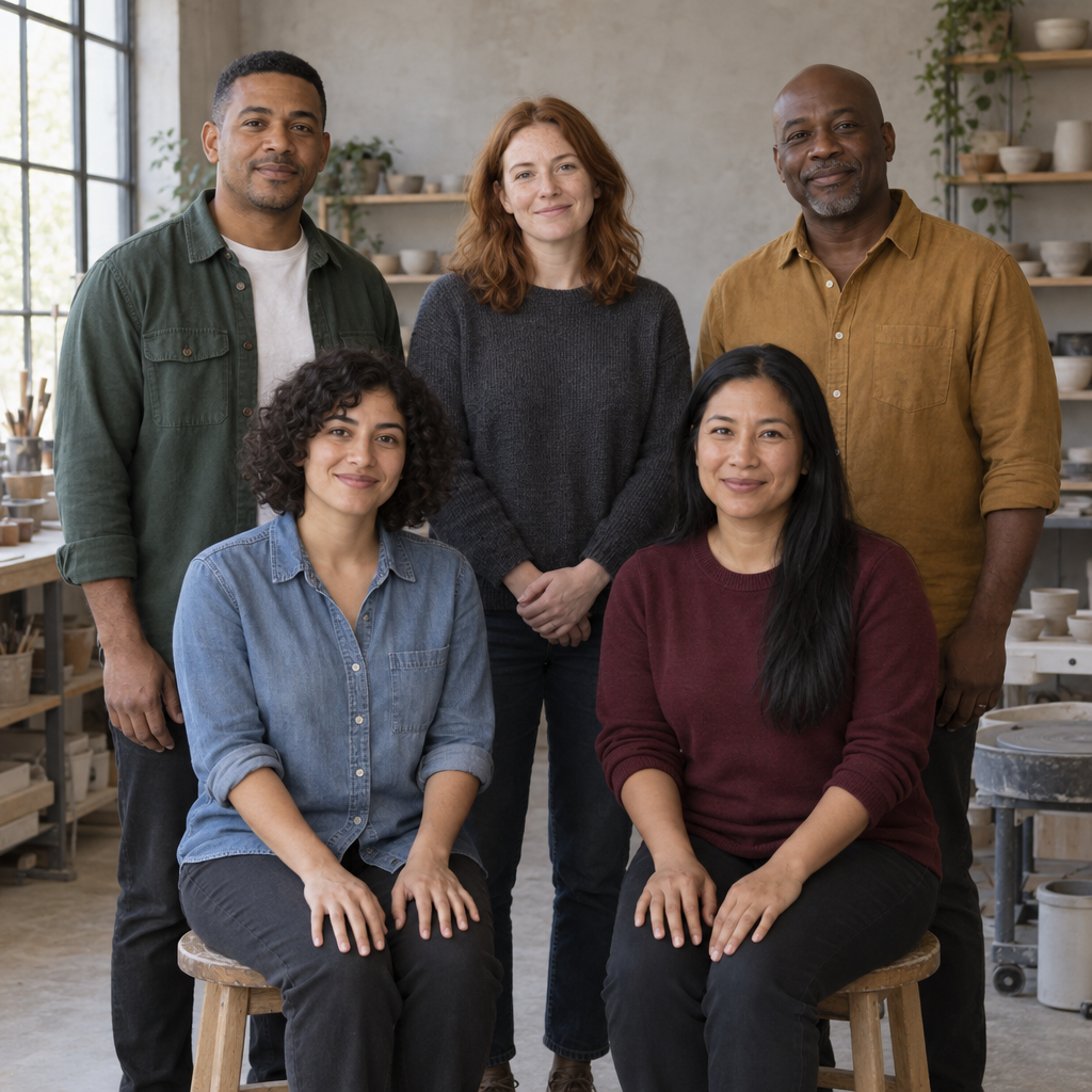 Five adults pose for a group portrait in a pottery studio: three stand behind two seated on wooden stools, with shelves, pottery, and a large window in the background.
