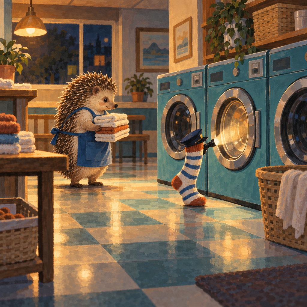 A warmly lit laundromat interior with a hedgehog in a blue apron carrying folded towels and a striped sock wearing a tiny cap, shining a flashlight into a teal washing machine. Reflections spread across the tiled floor, with baskets, tables, plants, and folded laundry around the scene.