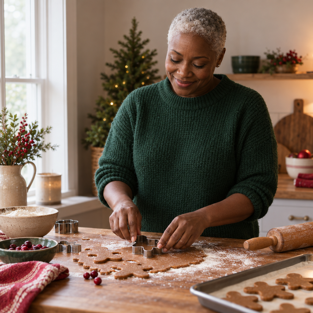A silver-haired baker in a forest-green sweater shapes gingerbread cookies at a flour-dusted kitchen counter, with a softly lit evergreen tree behind her.