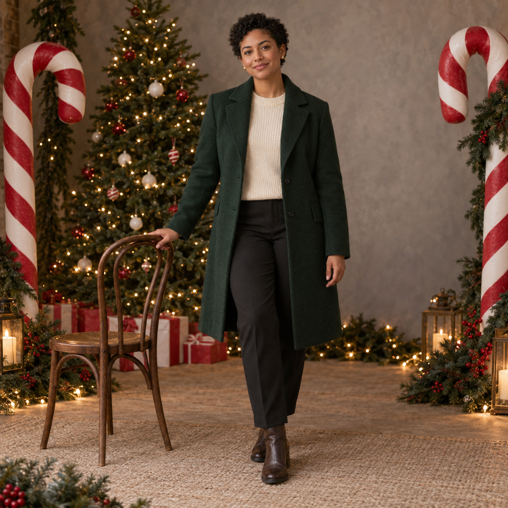 A full-length adult with short curls stands beside a wooden chair, wearing a dark green coat, cream sweater, dark trousers, and brown boots. A decorated lit tree is behind them, with large candy-cane props near both edges and warm lights and greenery across the studio set.
