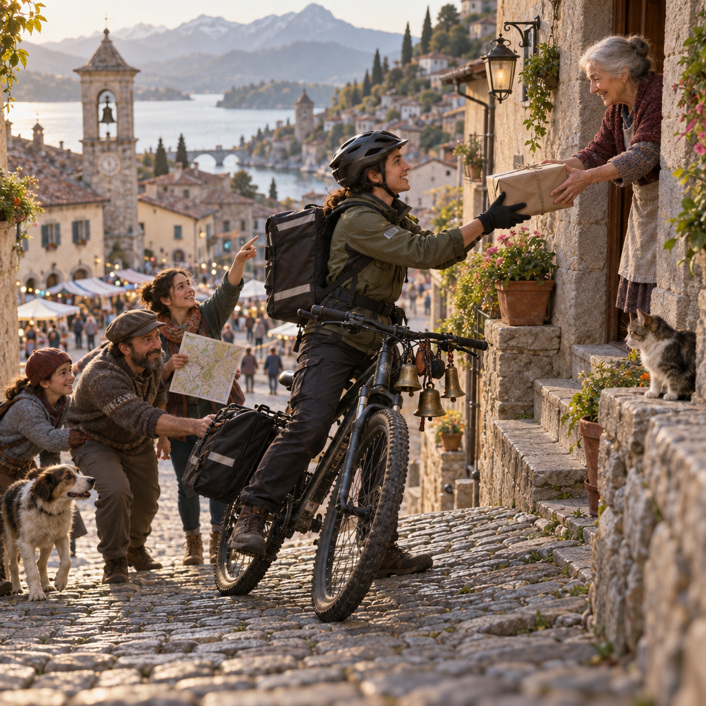 On a steep cobbled street in a hillside town, a helmeted bicycle courier hands a package to an older woman at her doorway. Several bells hang from the bicycle, while neighbors help with a map and the bike; market stalls, a bell tower, and the lake-filled landscape recede behind them.