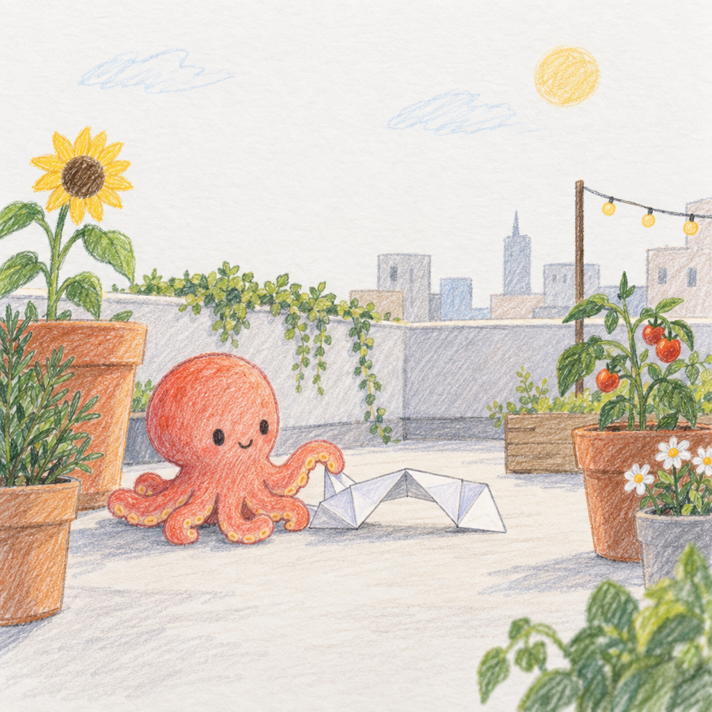 A colored-pencil illustration of a smiling orange octopus beside a folded paper bridge on a sunny rooftop garden, with potted flowers and greenery in the foreground and a city skyline behind.