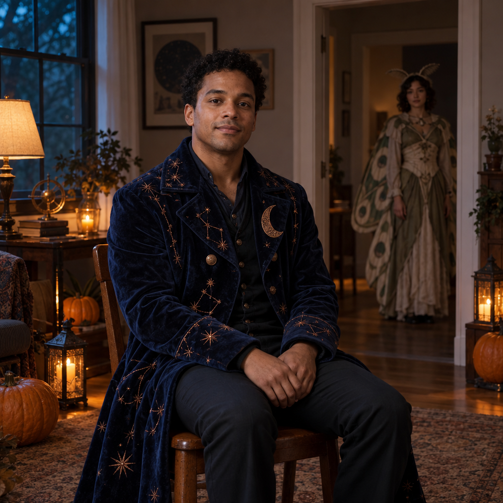 A curly-haired adult sits facing the camera in a midnight-blue star-embroidered coat, hands resting in their lap. A second adult in a sage-and-cream moth costume stands in the distant doorway, with pumpkins and glowing lanterns around the warmly lit room.