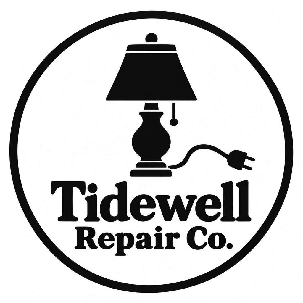 Black-and-white circular badge showing a stylized table lamp with a curved cord and plug above bold text reading “Tidewell Repair Co.”