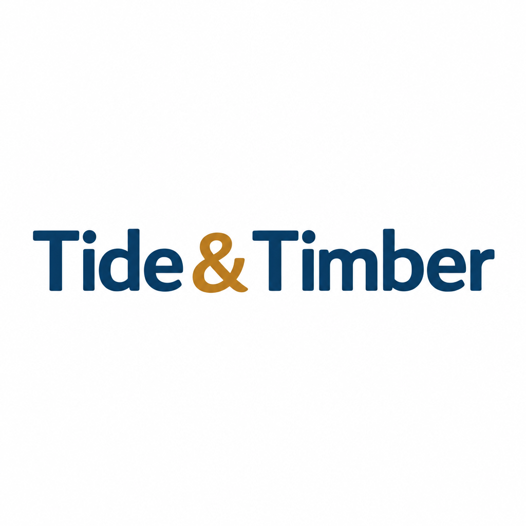 A centered one-line wordmark reading “Tide & Timber,” with bold rounded dark blue letters and a warm ochre ampersand on a plain white background.