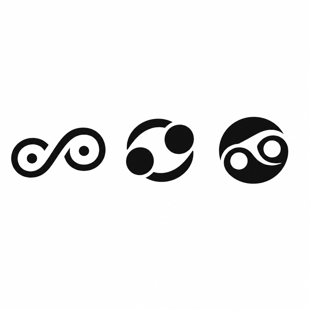 Three black abstract circular logo symbols are arranged horizontally on a white background: a looping path connecting two ring-like forms on the left, separated arcs and two solid circular forms in the center, and a circular form divided by a curved white band with two white circular openings on the right.