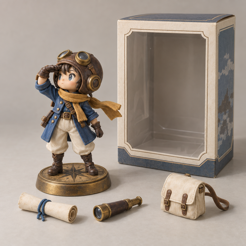 A stylized miniature aviator figure in a blue coat, ochre scarf, cream trousers, and brown boots stands on a compass pedestal with one hand raised to survey the horizon; an empty windowed display box is behind it, with a rolled map, telescope, and satchel arranged in front.