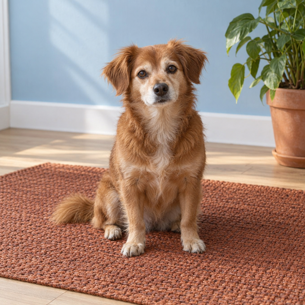 A small chestnut-brown dog with a cream muzzle sits centered on a rust-colored woven mat in a bright sunroom, with a leafy plant in a terracotta pot at the right.