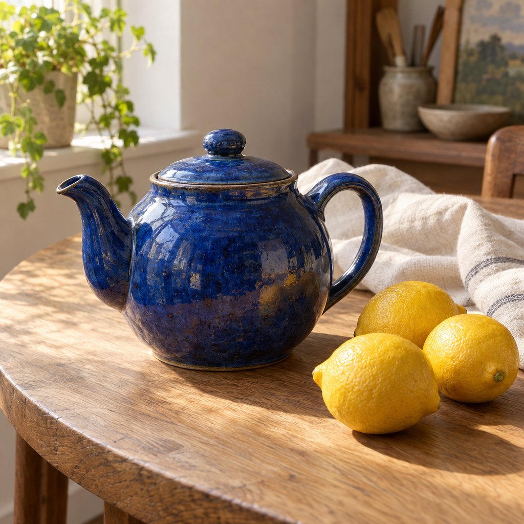 A cobalt-blue ceramic teapot sits on a round oak table in warm window light, with its handle and spout visible; three yellow lemons rest in the lower-right foreground and a folded cream cloth lies behind it.