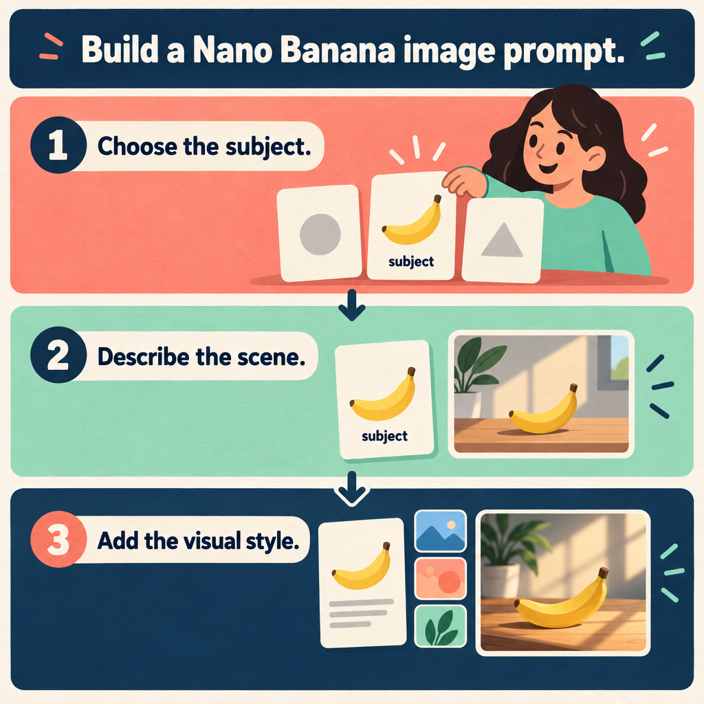 Square illustrated infographic with a navy title banner and three stacked panels: a person choosing a banana subject card, a banana beside a sunlit indoor scene, and a prompt card with three style swatches beside a polished banana image.