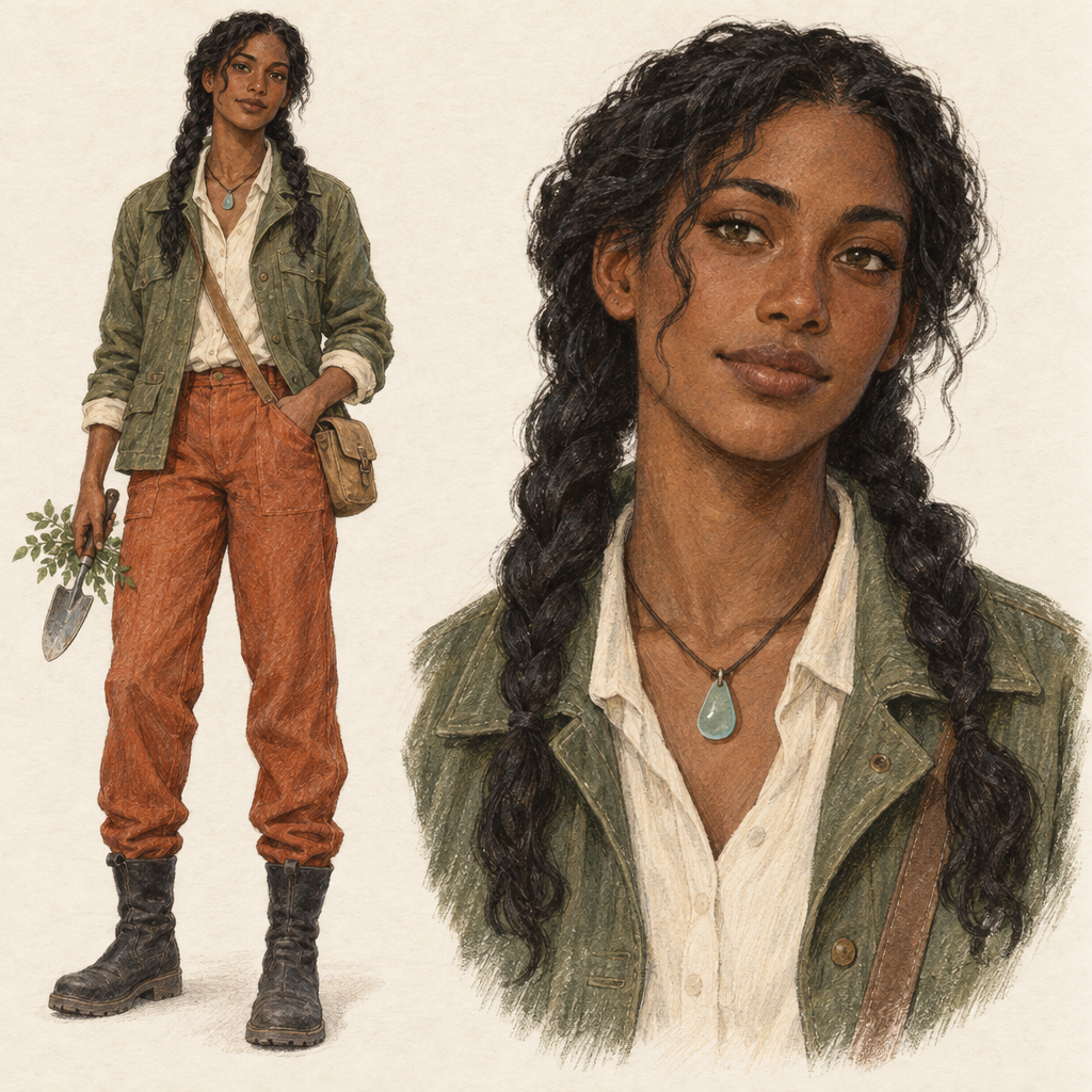 Character design sheet on a warm off-white paper-textured background, showing a dark-skinned woman with two long black braids, a moss-green work jacket, cream shirt, rust trousers, charcoal boots, tan satchel, and blue-green pendant; she holds a small trowel in the full-body view at left, while a larger close-up portrait fills the right side.