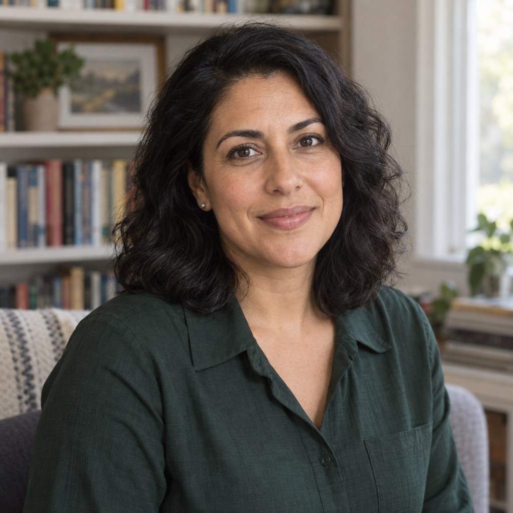 Photorealistic head-and-upper-torso portrait of a woman with shoulder-length wavy dark hair, wearing a dark green collared blouse and small stud earrings. She faces the camera with a gentle closed-mouth smile, seated before softly blurred bookshelves with window light on the right.
