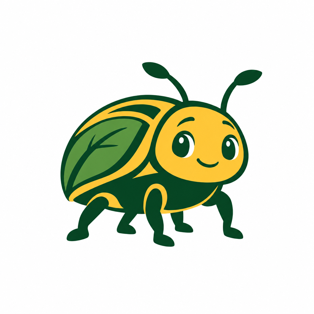 A friendly green-and-golden beetle mascot faces forward on a plain white background, with a rounded shell, a large leaf-shaped wing panel, four visible sturdy legs, antennae tipped with leaves, and a calm smiling expression.
