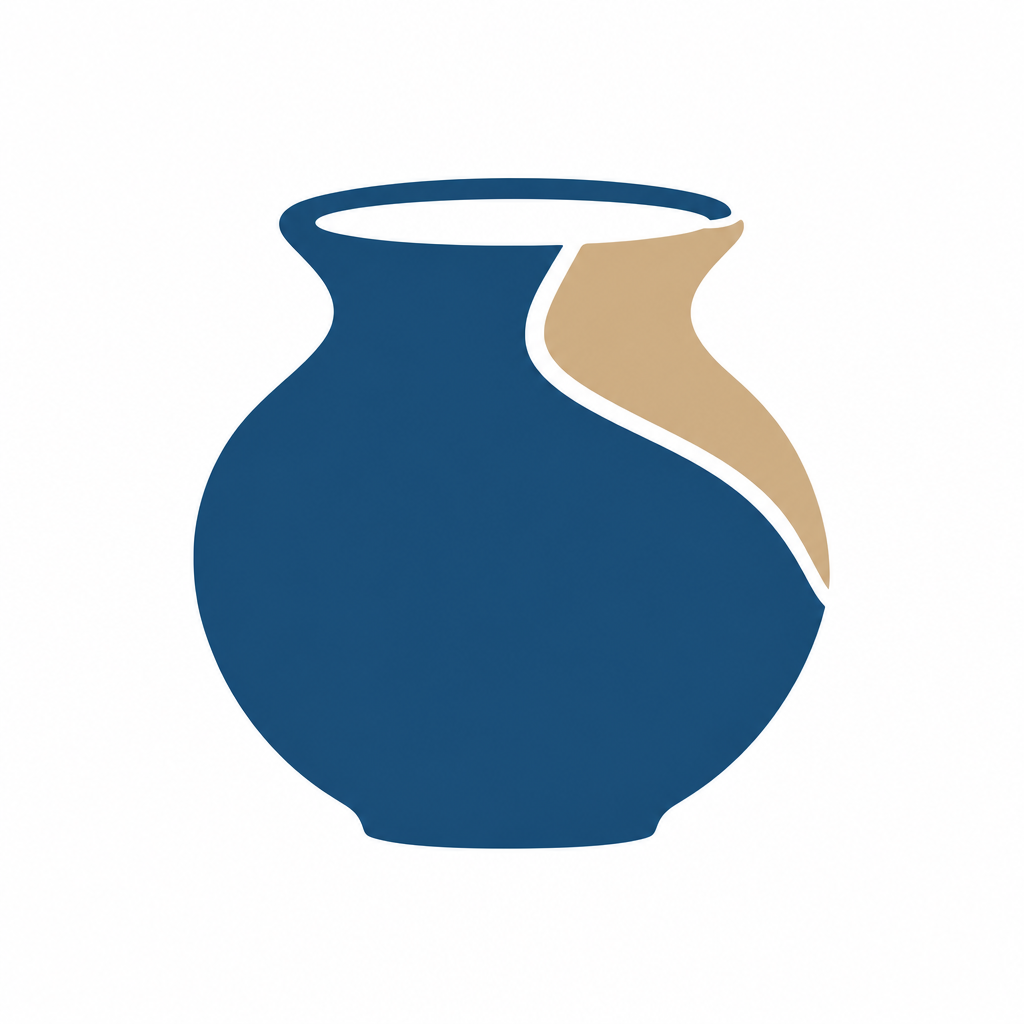 Centered two-color logo on white: a rounded deep-blue vessel-like form with a warm sand curved section along its upper-right side, separated by a flowing white seam and surrounded by generous margins.