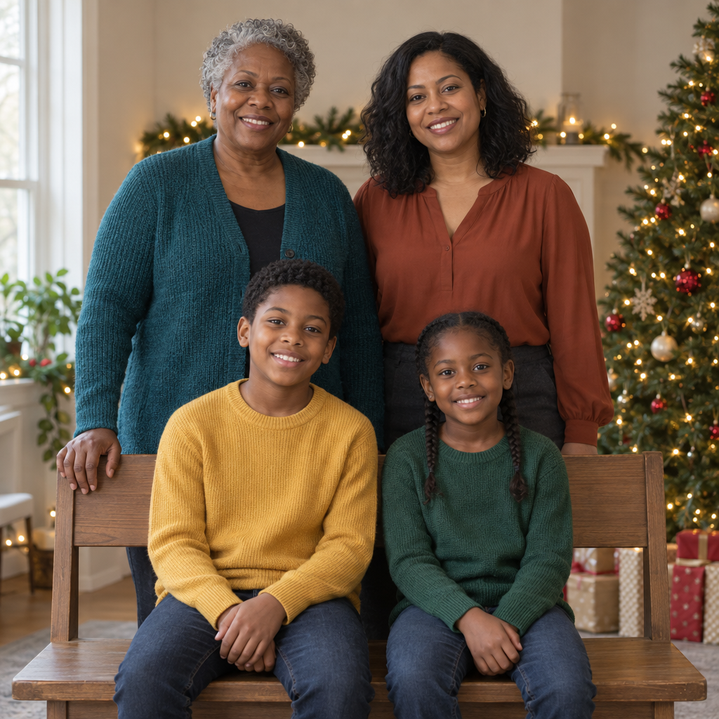 A smiling family of two adults standing behind two seated children on a wooden bench, with a lit Christmas tree at the right and greenery and warm lights along the mantel.