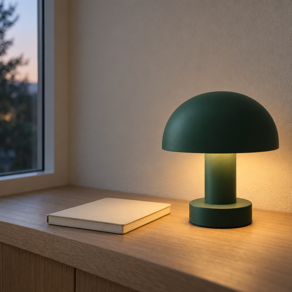 A dark emerald mushroom-shaped lamp glows amber on the right side of a pale oak ledge, beside a closed cream notebook on the left. A window at far left shows a dusky view, while the warm light falls across a softly textured wall.