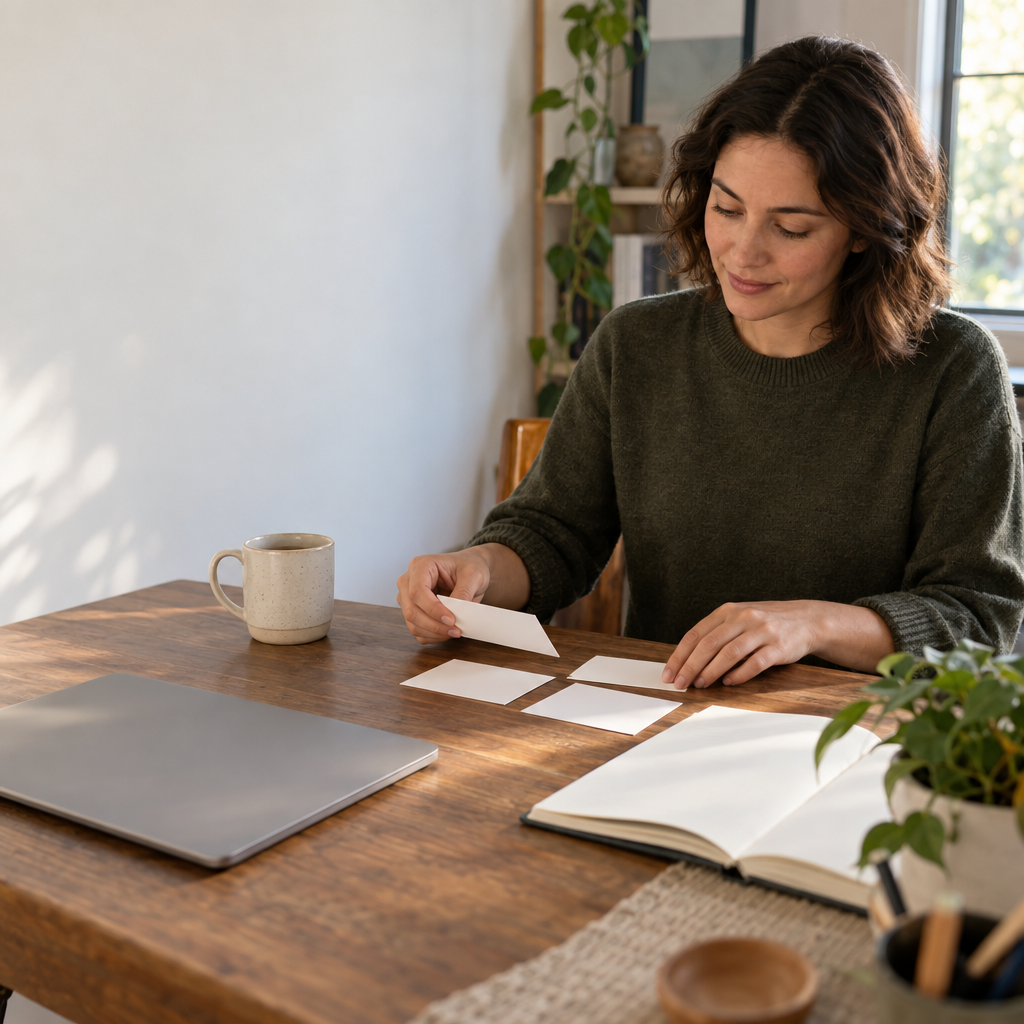 A woman seated at a wooden desk compares blank cards beside an open notebook and closed laptop, with a ceramic mug and leafy plants nearby. She is positioned on the right, leaving open wall space on the left.