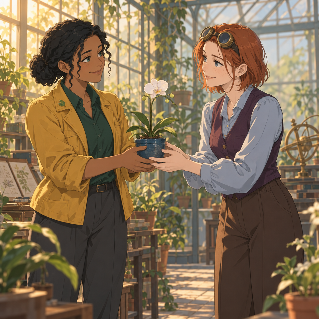 Anime-style illustration of two adult women in a sunlit glasshouse: a dark-skinned archivist on the left and a freckled copper-haired clockmaker on the right share a blue potted white orchid, holding it together and exchanging warm eye contact. Botanical shelves, glass panes, and warm late-afternoon light fill the background.