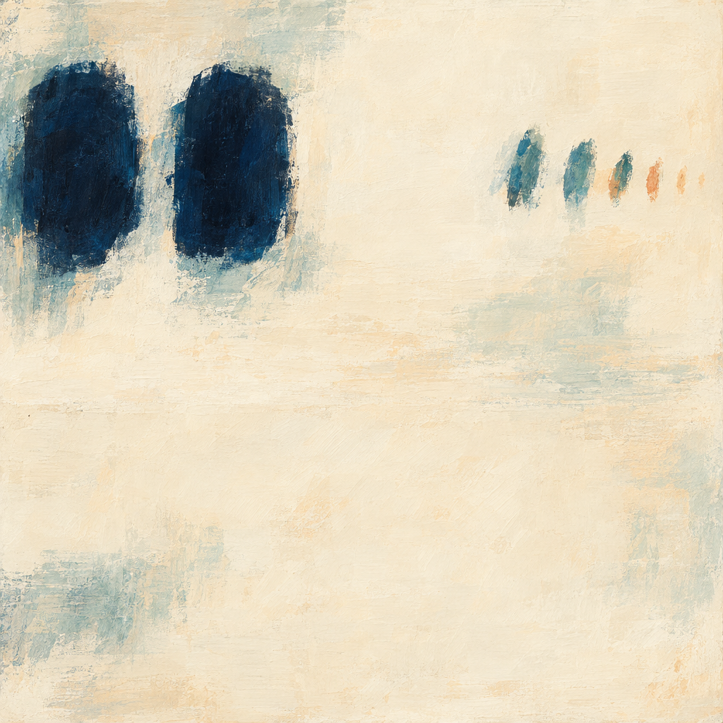Abstract painting with two broad navy marks and a row of smaller teal and orange marks on a cream ground.