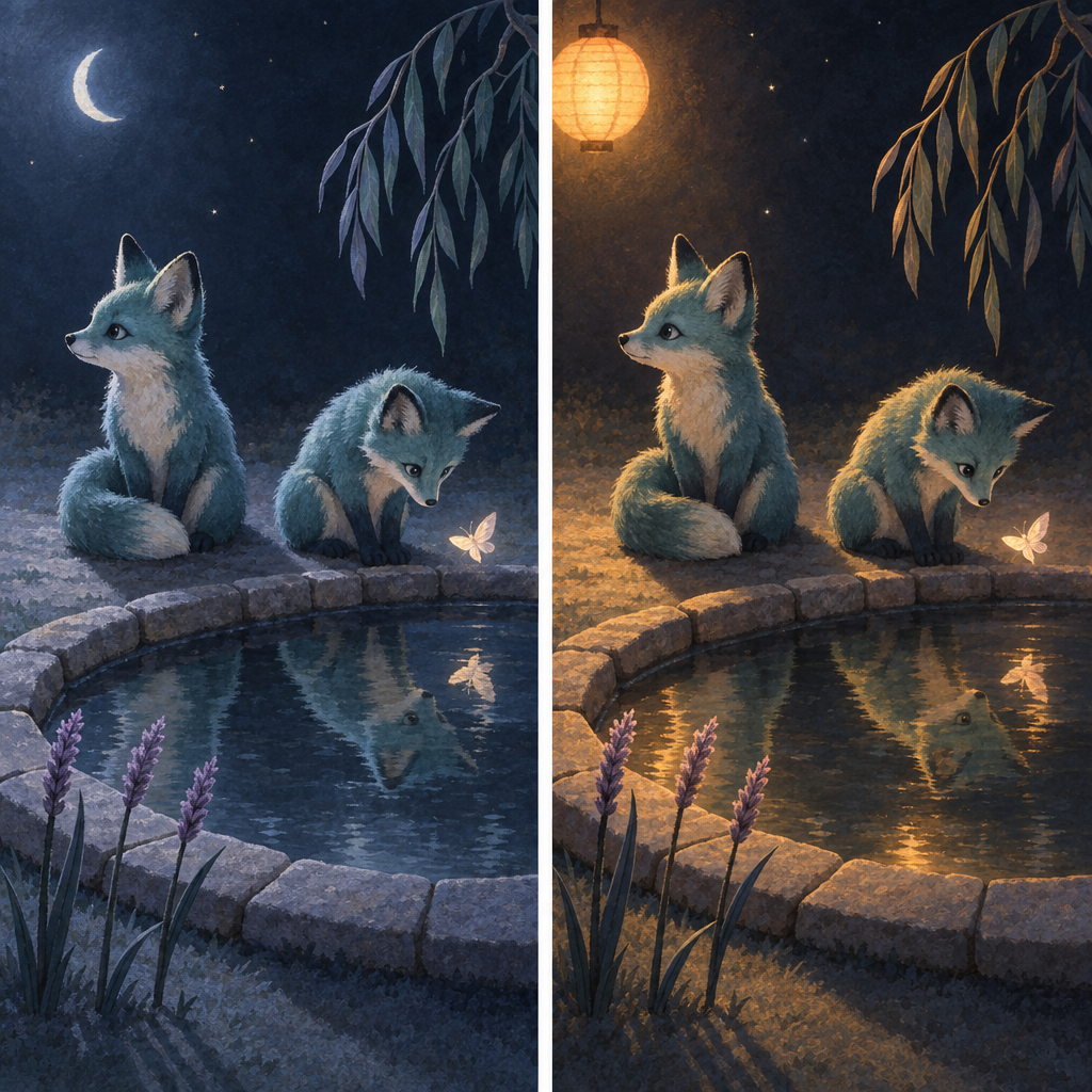 Split-panel gouache illustration of two teal foxes beside a reflective stone-bordered pond at night. In both panels, one fox faces left with its tail curled around its paws while the other leans toward a pale moth; lavender reeds fill the foreground and a willow branch hangs above, with cool blue lighting on the left and warm amber lighting on the right.