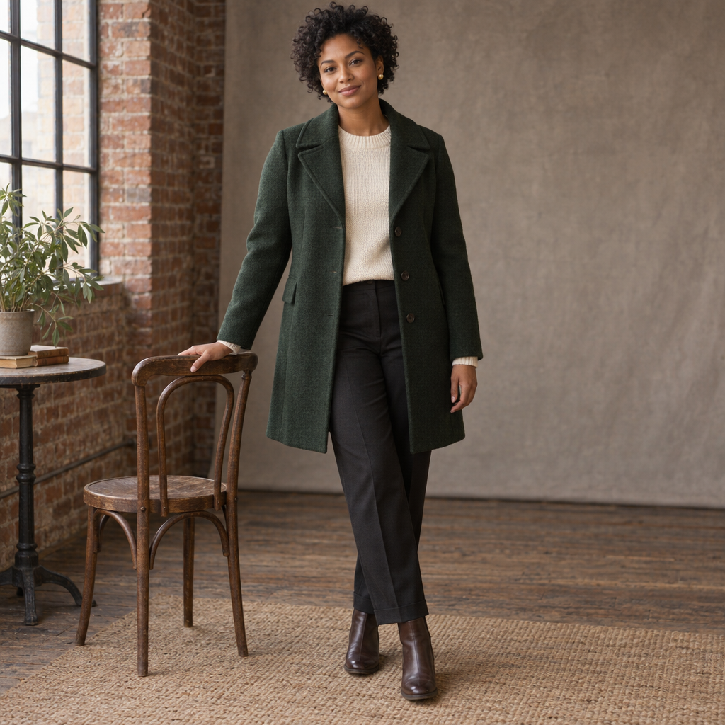 A full-length portrait of a woman with short natural curls wearing a dark green coat, cream sweater, dark trousers, and brown boots. She rests one hand on a wooden café chair in a softly lit brick studio.