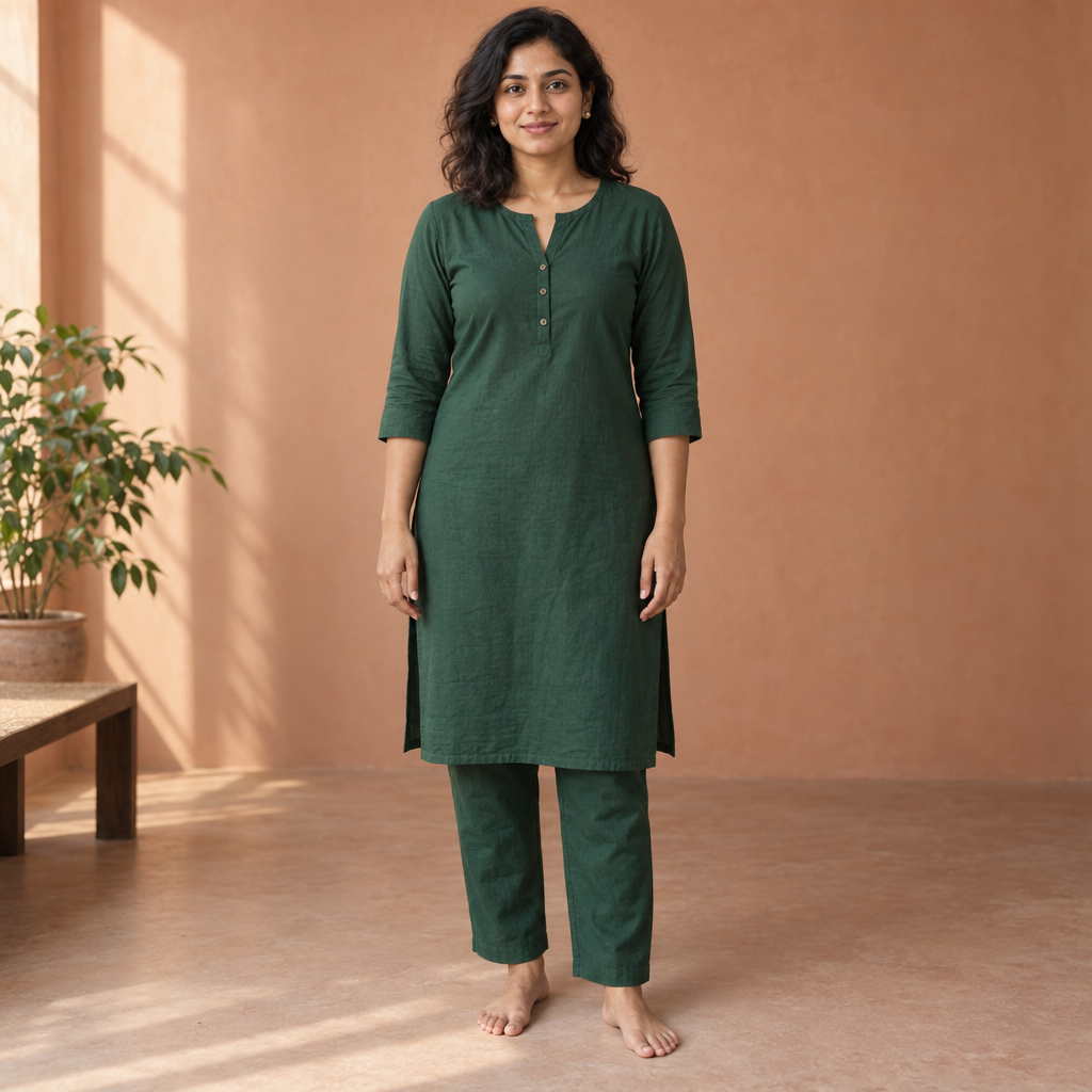 A woman with shoulder-length dark wavy hair stands facing the camera in a forest-green kurta and trousers, barefoot with her arms at her sides. She is centered in a full-length portrait against a warm terracotta wall, with a potted plant and table at left.
