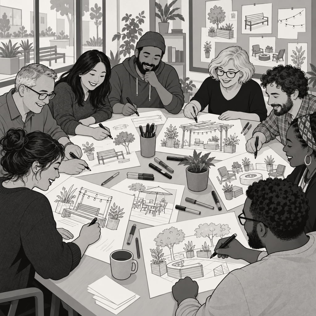 A group of adults sits around a table, smiling as they sketch benches, plants, seating areas, and other shared-space ideas on paper. Windows, plants, and example sketches fill the background.
